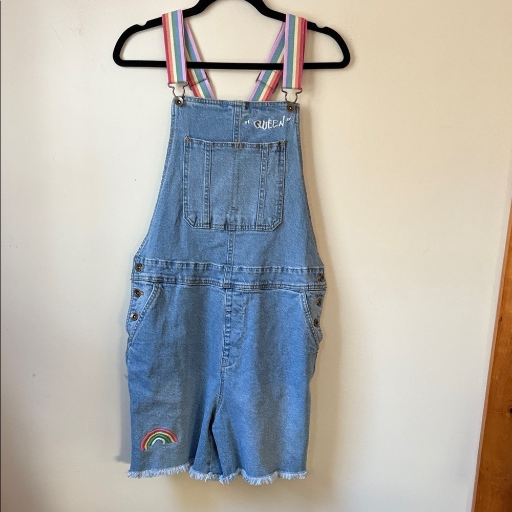 Super Cute Women's Denim Overalls with Rainbow Patch - Picture 2 of 7